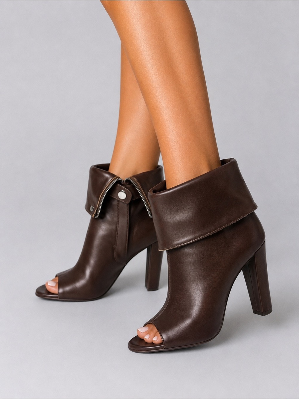 Liliana Yanix-2 Brown Peep Toe Foldover Cuff High Heel Ankle Boots